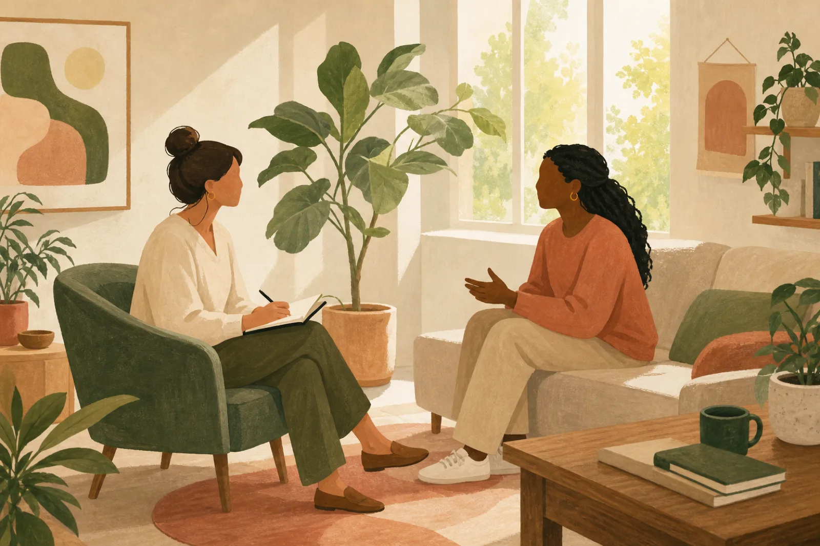 Illustration of a calm counseling conversation in a bright office—warm sage and terracotta tones, suggesting compassionate mental health care.