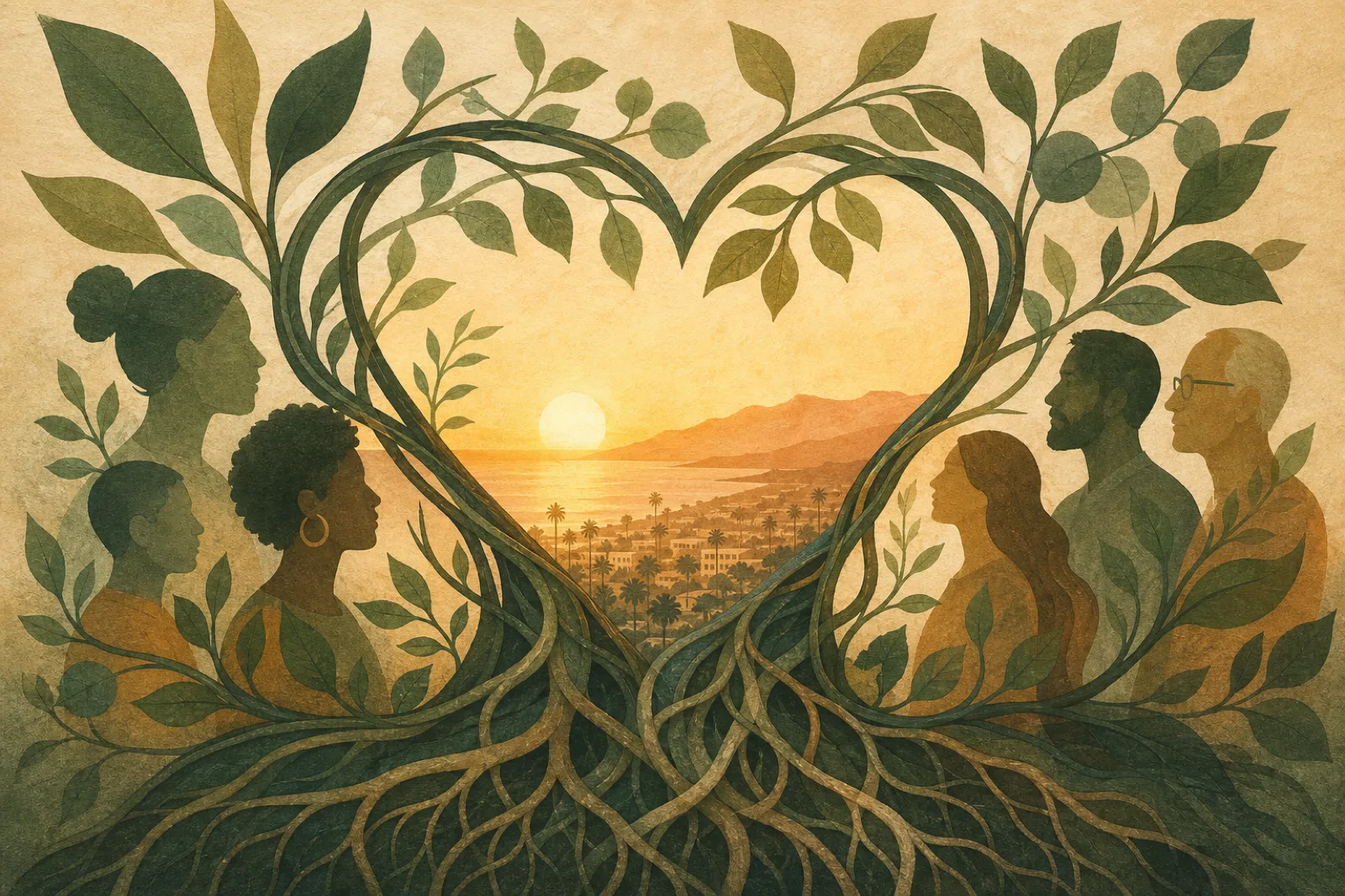 Illustration of intertwined botanical roots and vines suggesting decades of community care and connection.