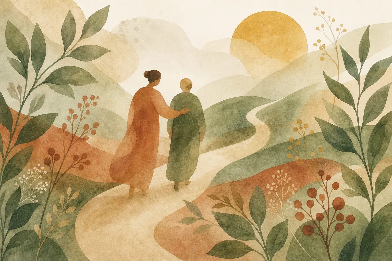 Abstract watercolor illustration of two figures walking a path together through a botanical landscape, suggesting care navigation.