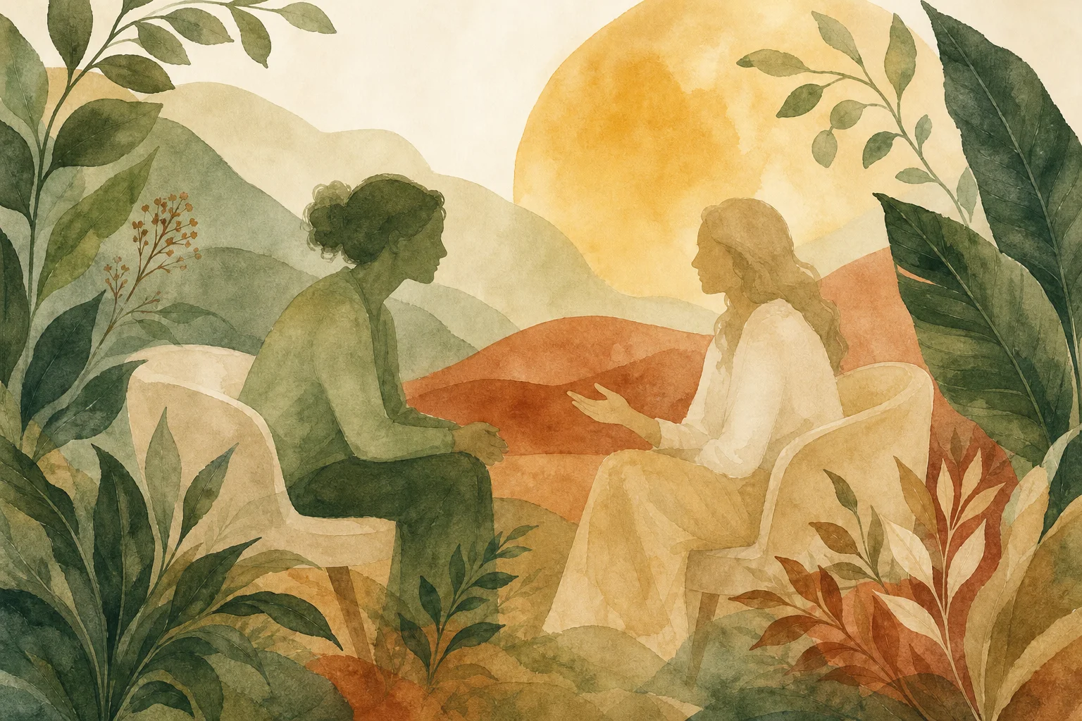 Abstract watercolor illustration of a counseling session, two figures in quiet conversation surrounded by botanical shapes.