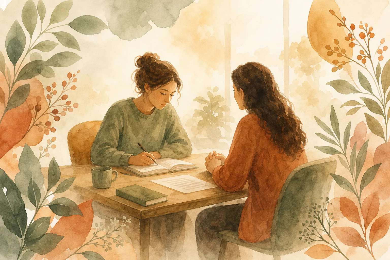 Watercolor illustration of a psychologist and client in a calm evaluation session, surrounded by botanical foliage.